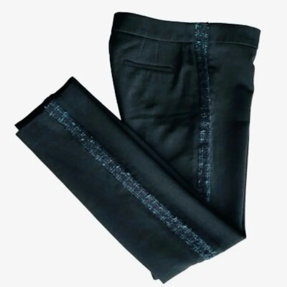TORY BURCH Tobie Black Trousers Straight Leg Pants Blue Wool Tweed Side Stripe - Picture 5 of 16